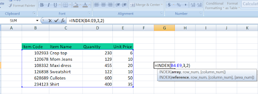 INDEX function of excel