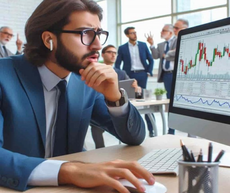 a forex trader looking at computer, working in finance job